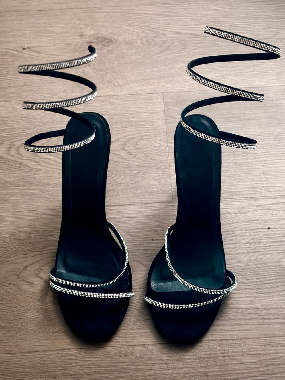Zara Black Spiral Rhinestone Wrap Heels